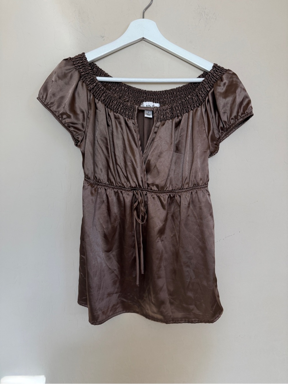 Y2K Ally B Brown Satin Short-Sleeve Babydoll Tie Front Top Brown Medium